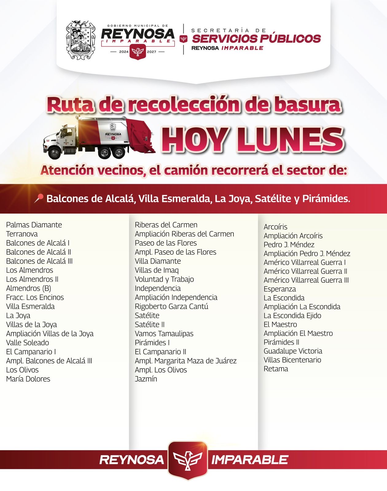 Colonias que tendrán servicio de recolección este lunes