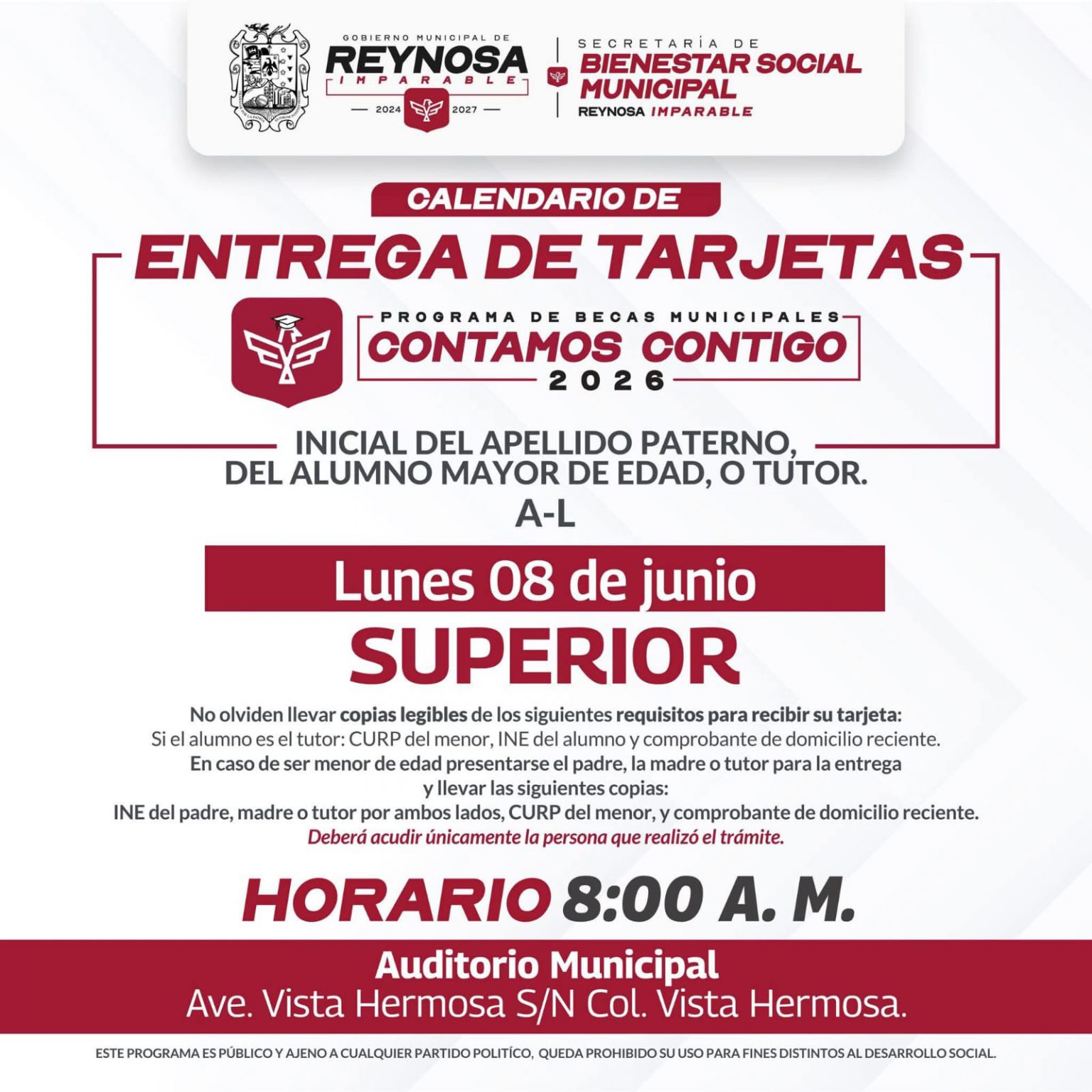 Invita Carlos Peña Ortiz a beneficiarios de Beca de Educación Superior a recibir su tarjeta Contamos Contigo 2026